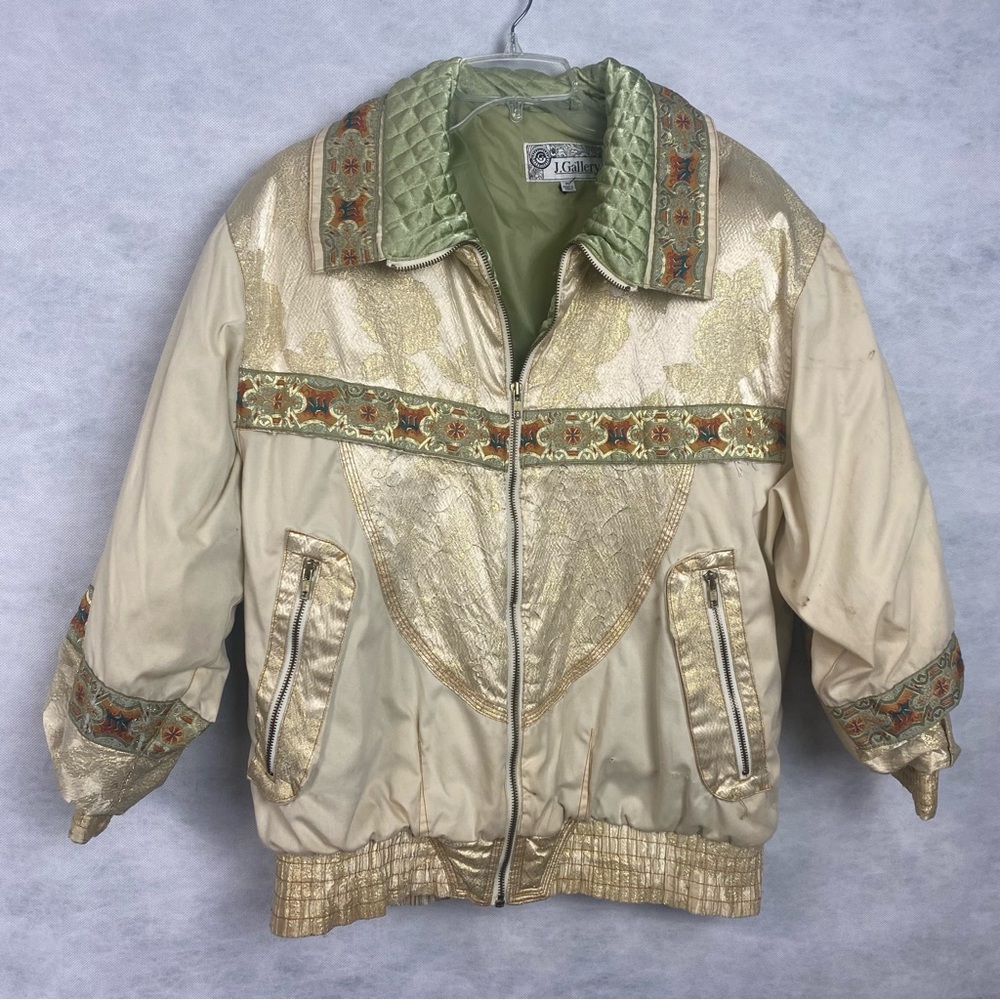 Vtg J. Gallery Puffer Jacket Coat Medium Beige Green Retro Bomber 80s Flaw